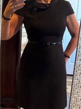 Tahari Black Pin Striped Short-Sleeve Fit-and-Flare Dress with Belt